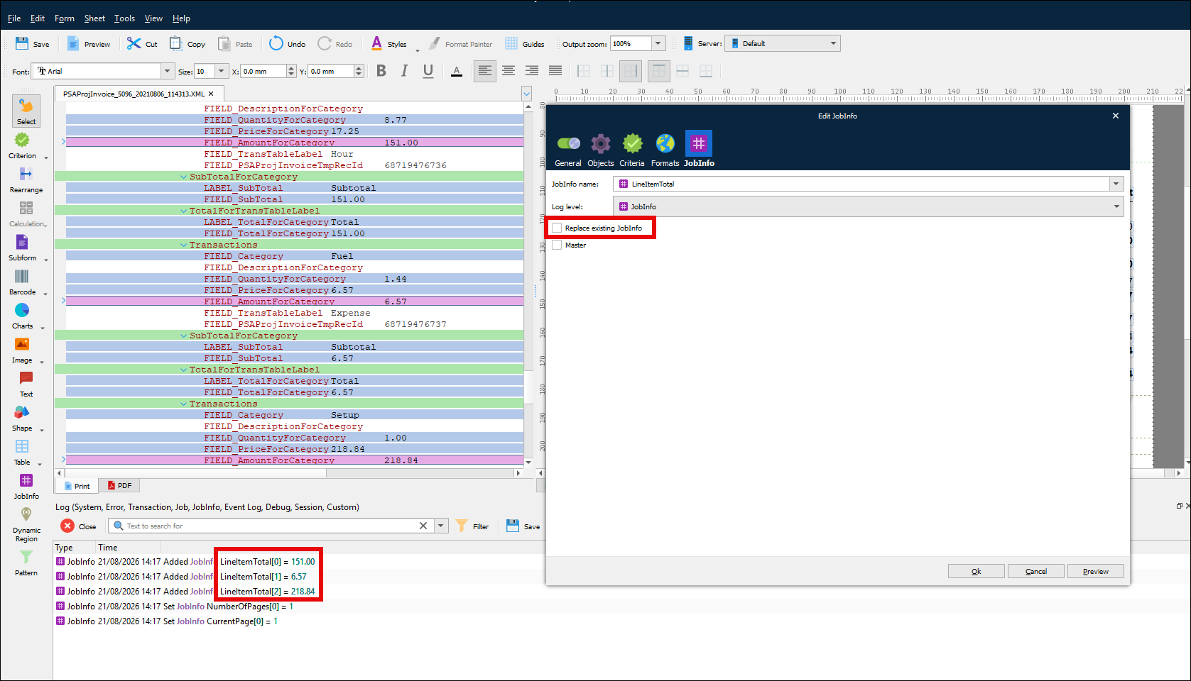 The Replace existing JobInfo checkbox is cleared.